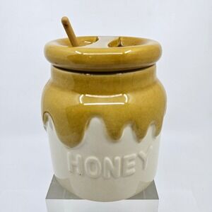 Vintage 1982 Teleflora Ceramic Honey Pot Jar with Lid and Wood Dipper No Crazing